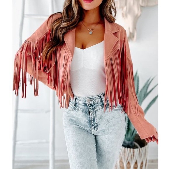 Jackets & Blazers - SOLD OUT Mauve Pink Faux Leather Suede Fringe Cropped Western Boho Moto Jacket